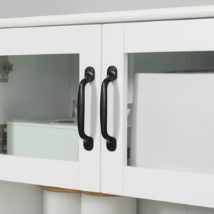 Buffet haut 4 portes étagère niche tiroir coulissant plan de travail poignées métal noir verre trempé MDF blanc