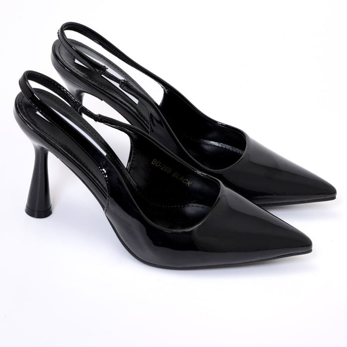 Dècolletè slingback in simil pelle verniciata con tacco a rocchetto tondo