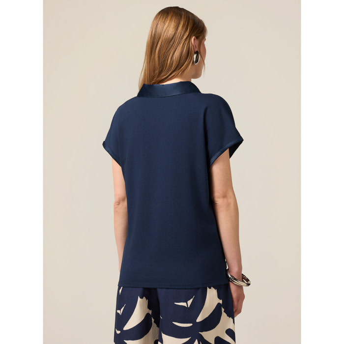 Oltre - T-shirt bimaterica scollo a V - Blu