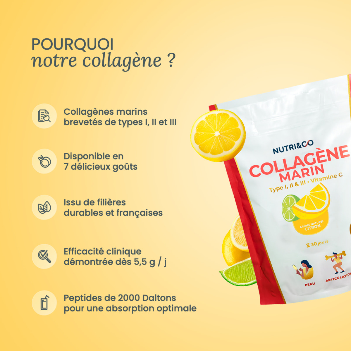 Nutri&Co Collagène Marin Type 1, 2 & 3 Peau & Articulations Goût Citron - 180g