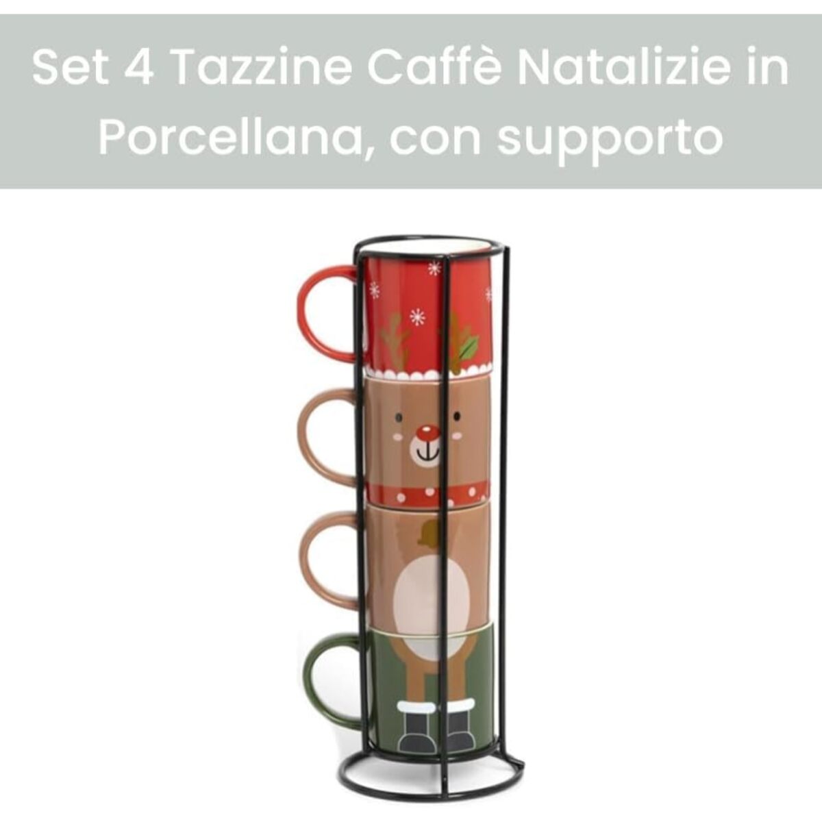 Intrecci – Set 4 tazzine da caffè natalizie in porcellana con supporto impilabile