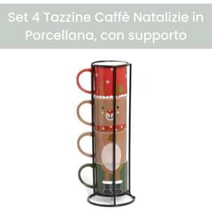 Intrecci – Set 4 tazzine da caffè natalizie in porcellana con supporto impilabile