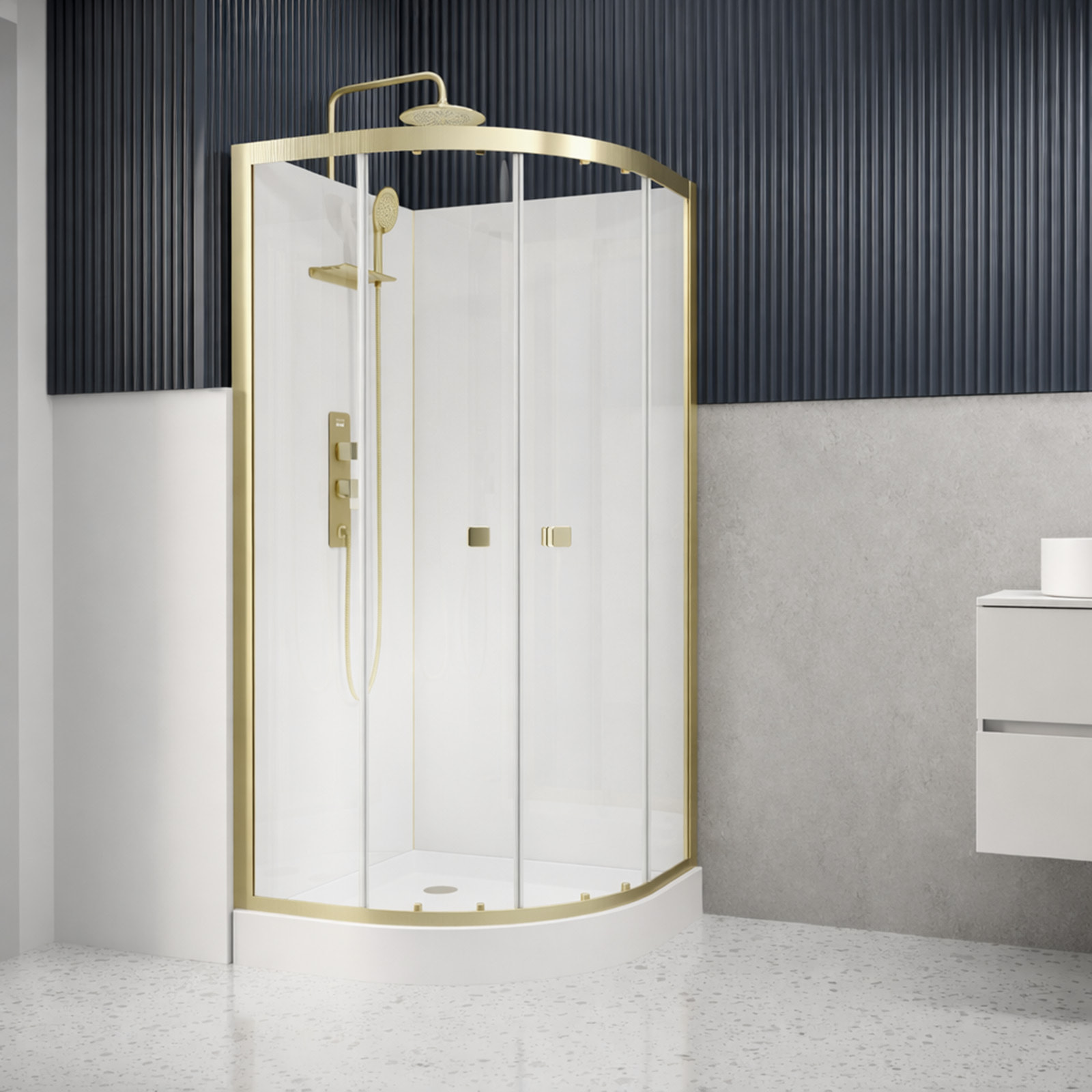 Cabine de douche 1/4 de cercle 90x90x206.5/236.5cm Blanche et Profilés Or Brossé - Receveur standard