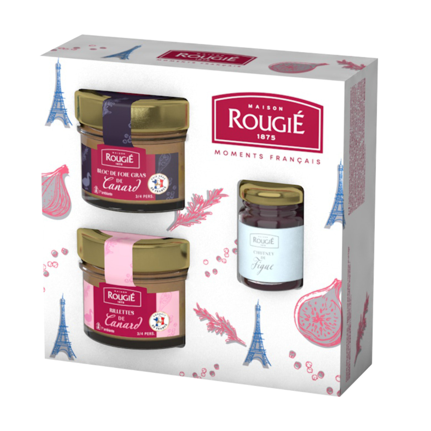 Coffret Souvenir de France: bloc de foie gras de canard, chutney et rillettes - 230g