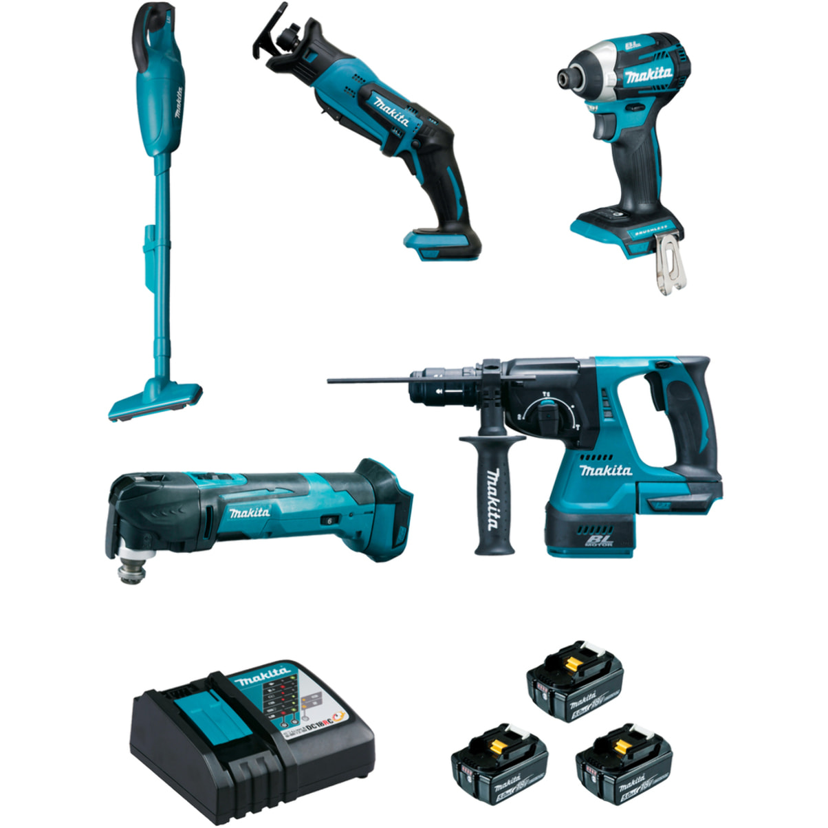 Ensemble de 5 machines 18V Li-Ion DTD154 + DHR243 + DTM51 + DJR183 + DCL18 - MAKITA - avec 3 batteries 18 .0Ah 5.0Ah - chargeur- MAKPAC - DLX5045TJ