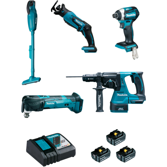 Ensemble de 5 machines 18V Li-Ion DTD154 + DHR243 + DTM51 + DJR183 + DCL18 - MAKITA - avec 3 batteries 18 .0Ah 5.0Ah - chargeur- MAKPAC - DLX5045TJ