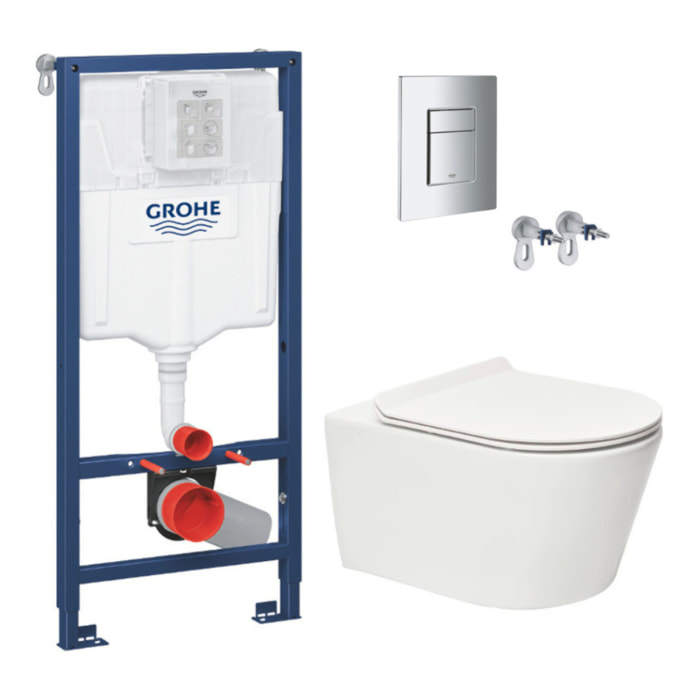 Pack WC Bâti-support Rapid SL + WC sans bride SAT Brevis + Abattant slim, softclose + Plaque chrome