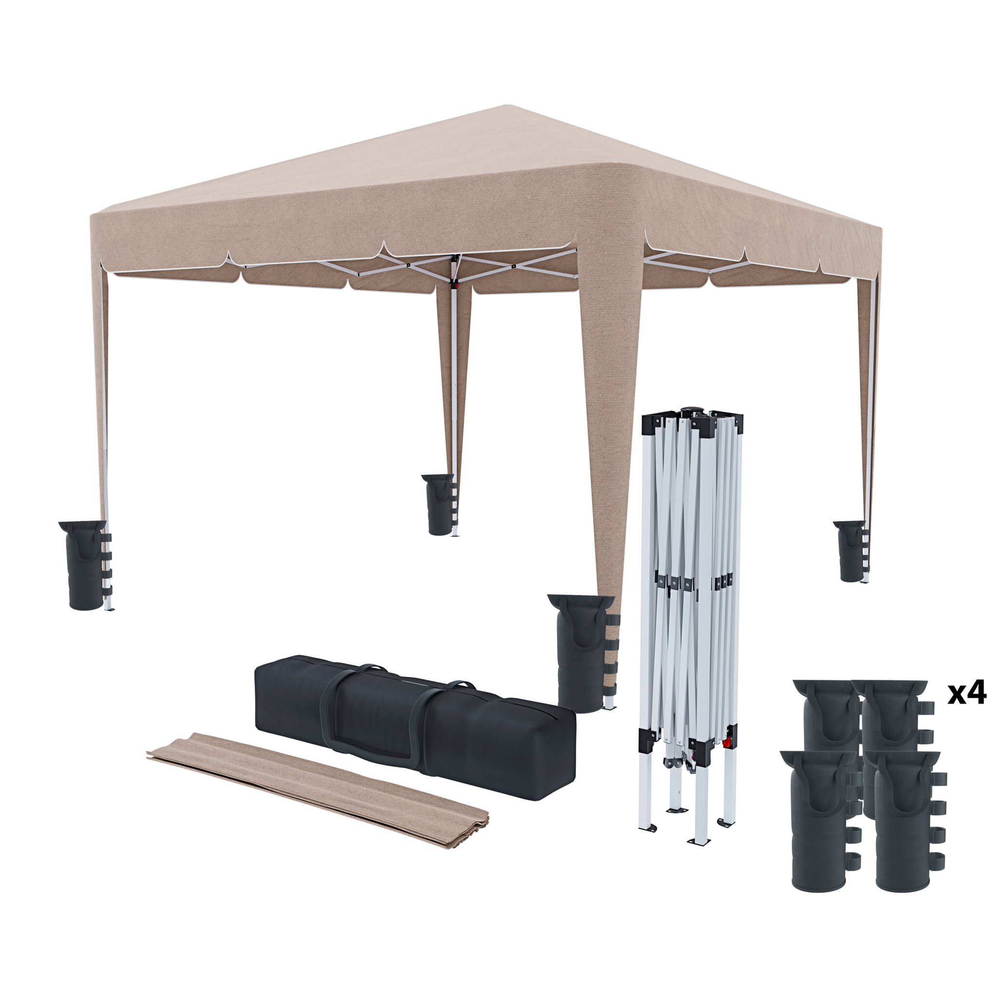 Gazebo Pieghevole Impermeabile 3 x 3 M Giardino Con 4 Sacche Pesi Sacca Trasporto Chiusura Fisarmonica Struttura Acciaio Copertura 160 gr/m² Tortora