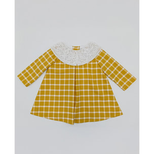 Vestido cuello bordado cuadros amarillo