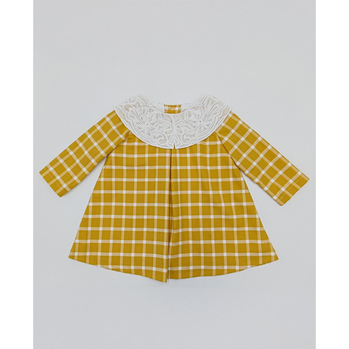 Vestido cuello bordado cuadros amarillo