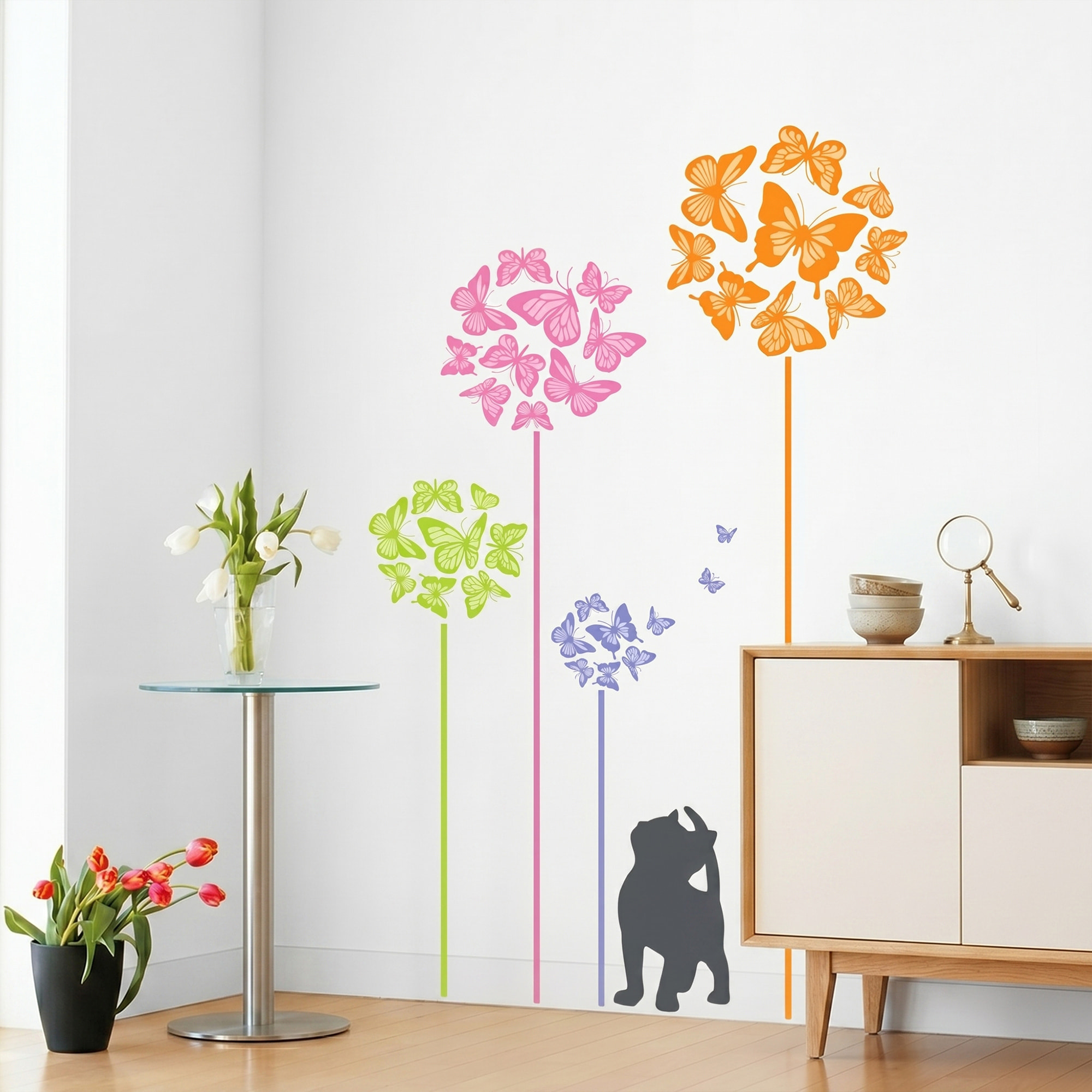Stickers Muraux décoration adhésifs Chat et papillons