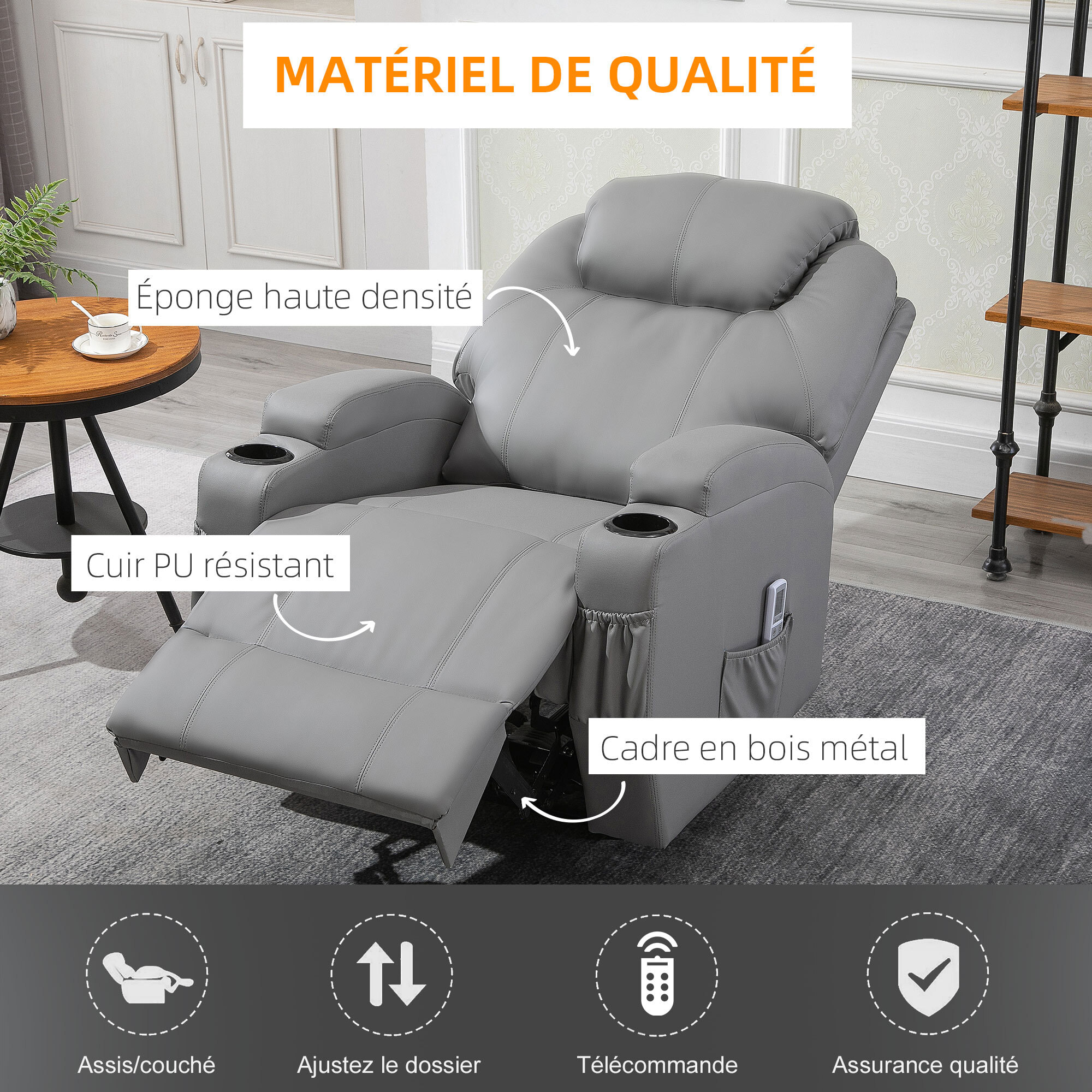 Fauteuil luxe de relaxation et massage inclinaison dossier repose-pied électrique revêtement synthétique gris