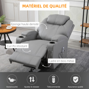 Fauteuil luxe de relaxation et massage inclinaison dossier repose-pied électrique revêtement synthétique gris