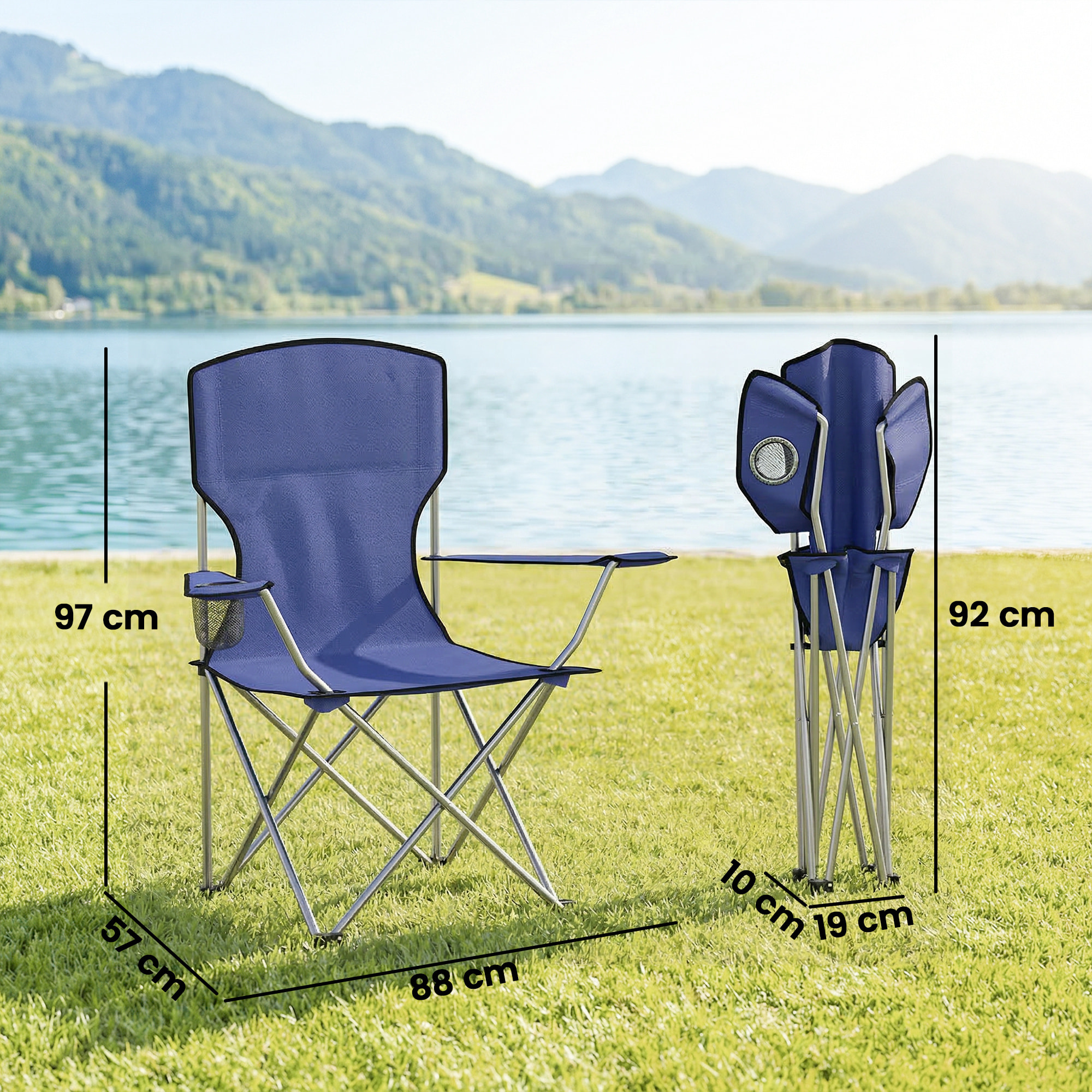 Lot de 2 chaises de camping pliables avec porte-gobelets et sac transport bleu foncé