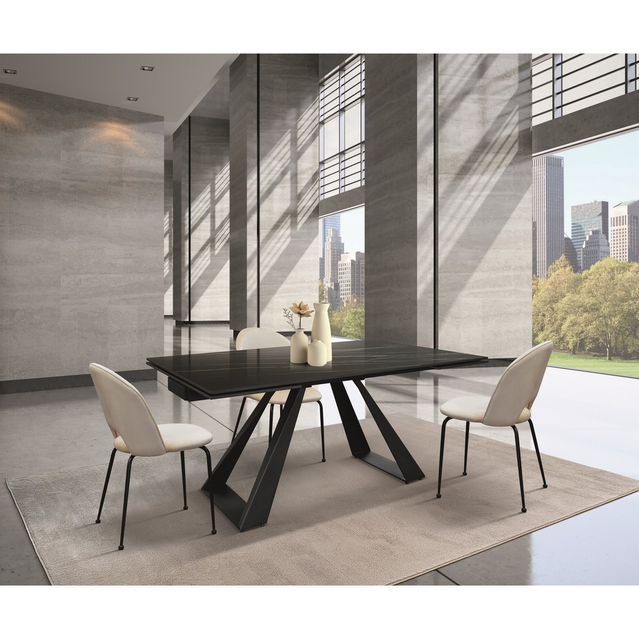 Tavolo AJACCIO in vetroceramica effetto marmo nero con gambe a piramide in metallo antracite, allungabile 160x90 cm - 240x90 cm