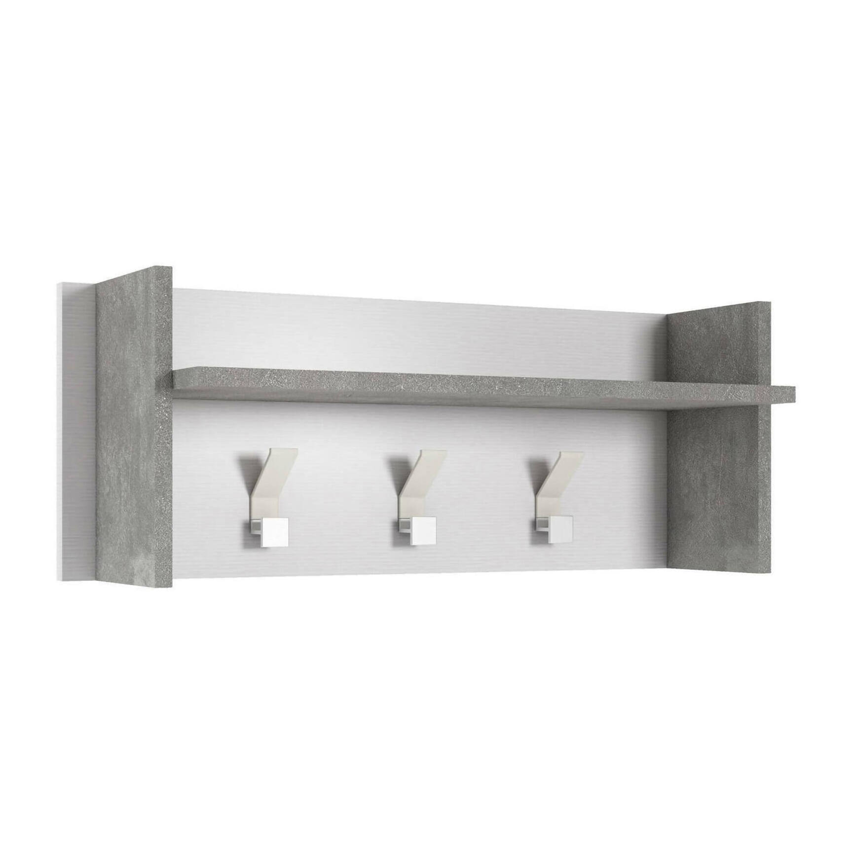 Mobile da ingresso Angry, Mobile appendiabiti con 3 ganci, Mensola portaoggetti da ingresso, 100% Made in Italy, 90x29h34 cm, Bianco e Cemento