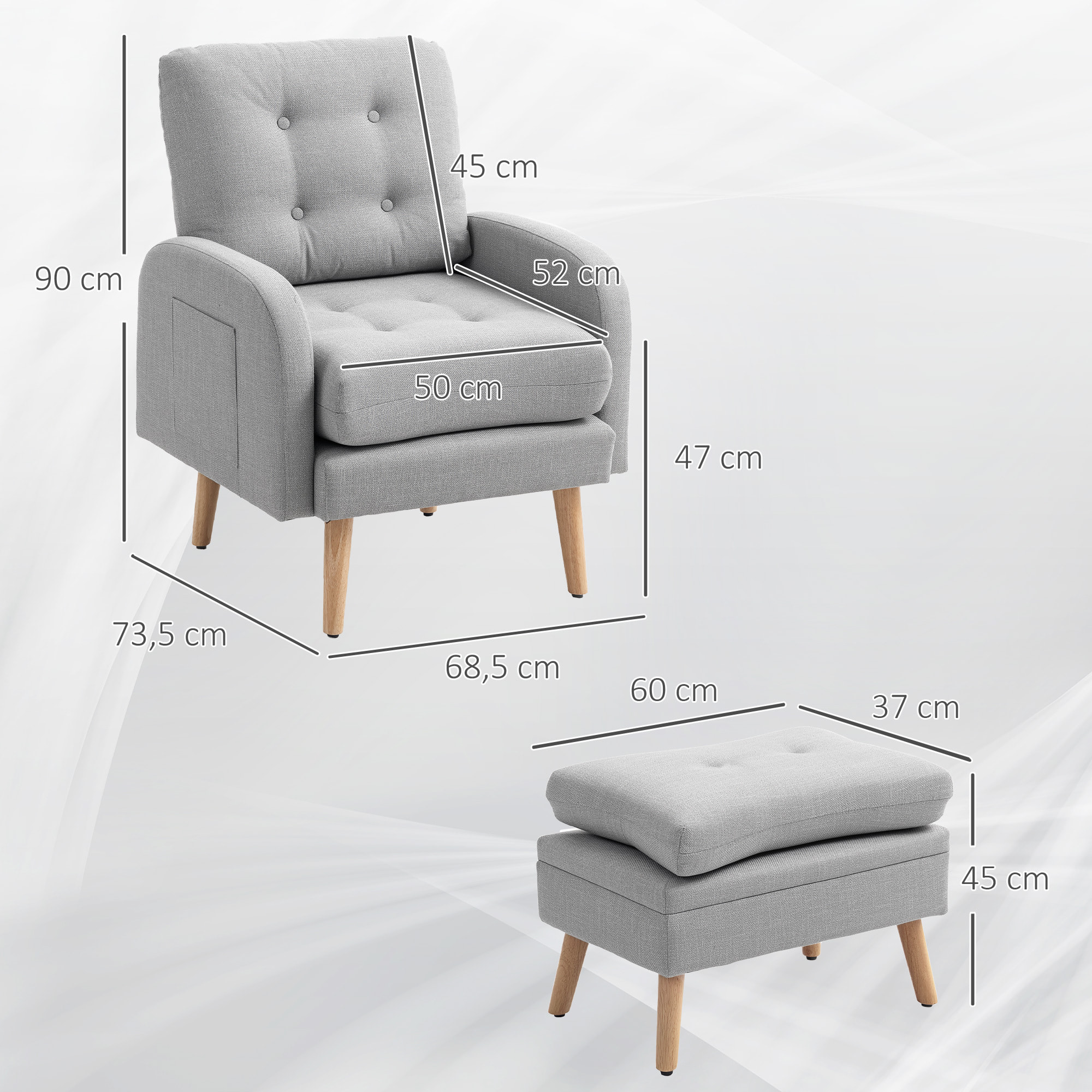 Fauteuil et repose-pieds design nordique grand confort piètement bois tissu effet lin aspect capitonné gris clair