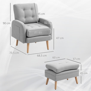 Fauteuil et repose-pieds design nordique grand confort piètement bois tissu effet lin aspect capitonné gris clair