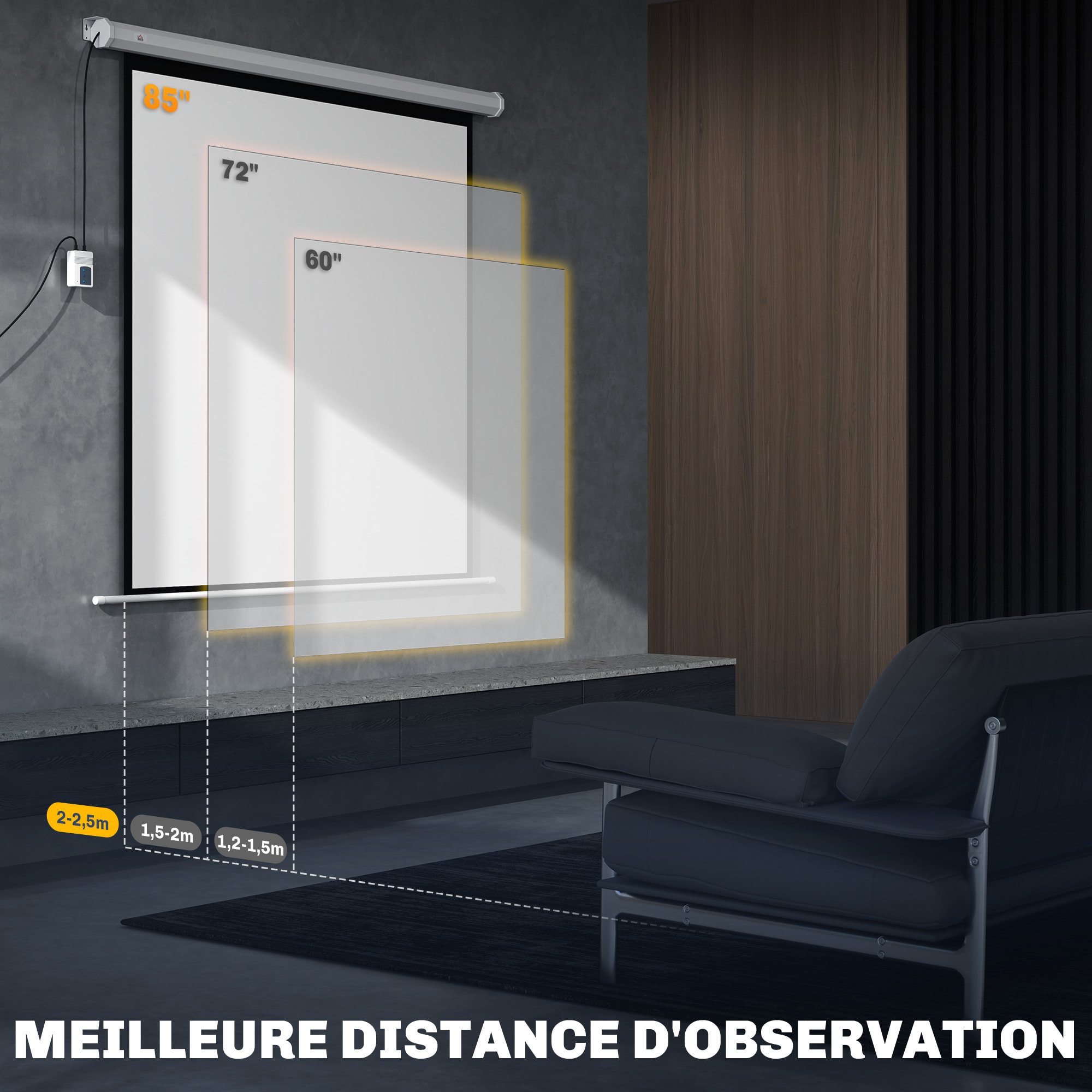 Écran de projection motorisé home-cinéma format 1:1 85 pouces 4K HD avec télécommande blanc noir