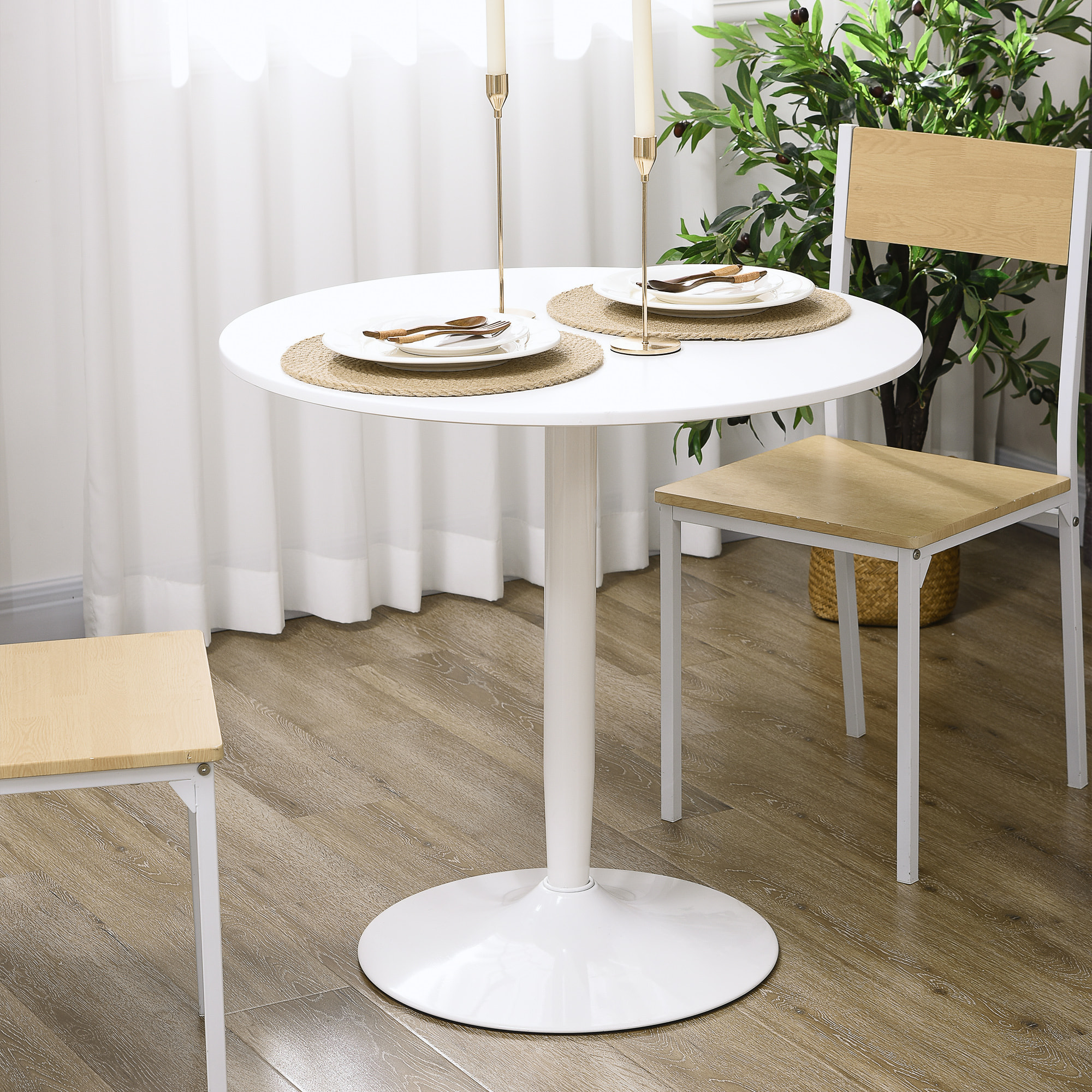 Table ronde design 2 personnes dia. 80 cm style néo-rétro piètement acier plateau MDF blanc