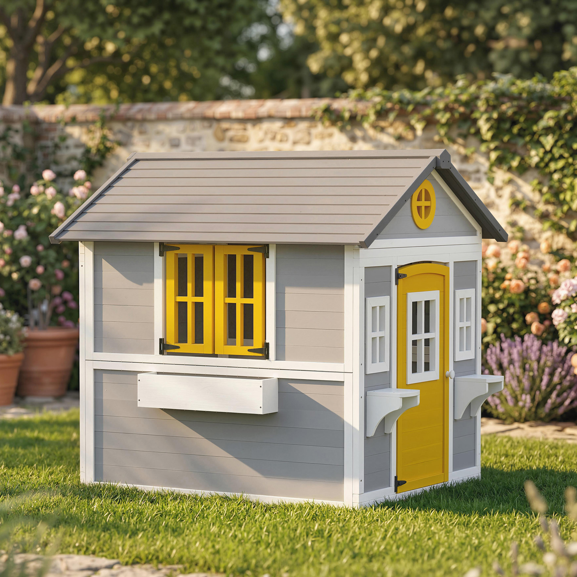 Casita Infantil Exterior e Interior de Madera, Casita Infantil con Puerta, Ventanas, Jardineras y Soportes de Flores, Casa de Jardín para Niños de 3-8 Años, Gris