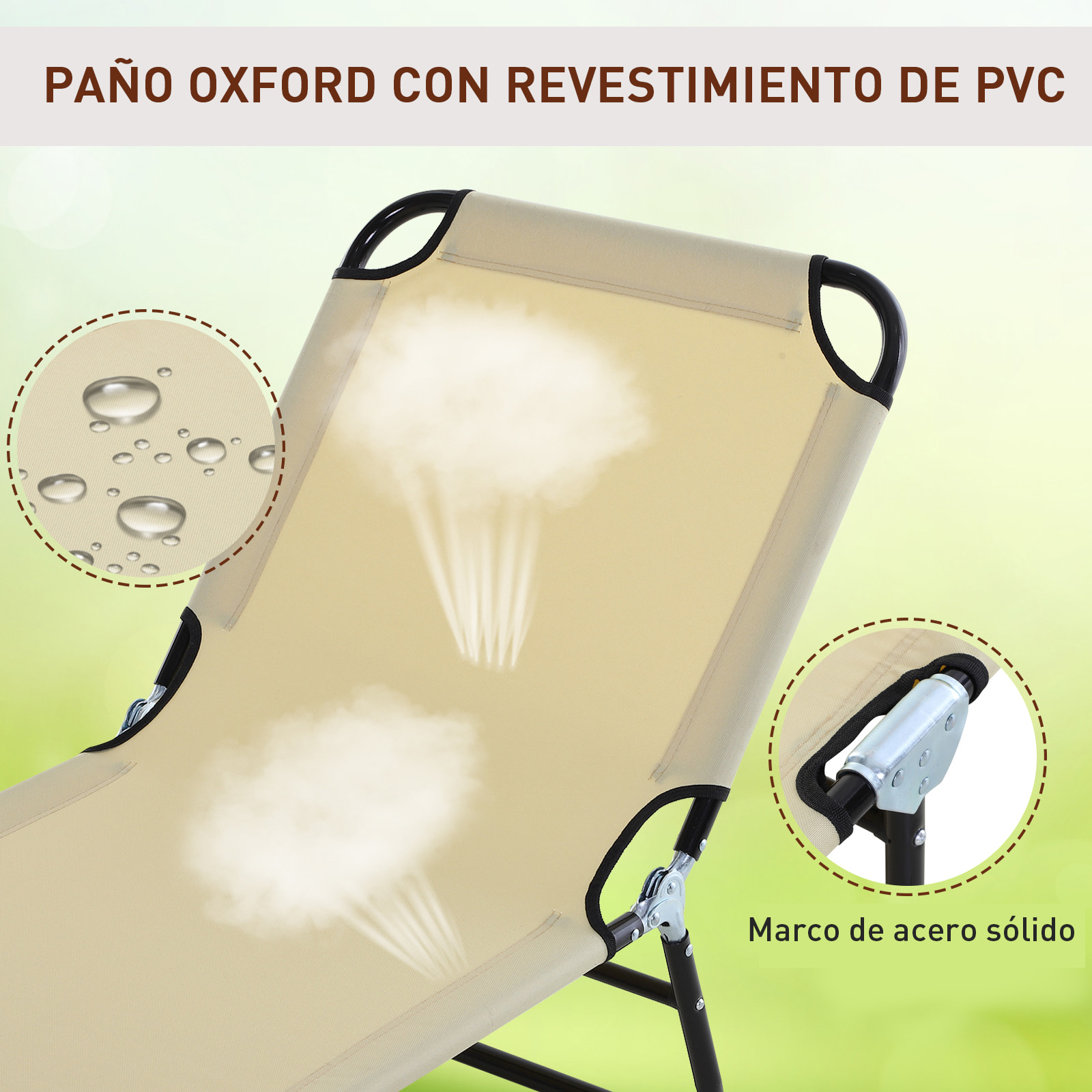 Tumbona Plegable Reclinable con ángulo Ajustable de 5 Posiciones para Jardín Exterior Piscina Terraza Camping Carga 120 kg 188x56x28 cm Beige