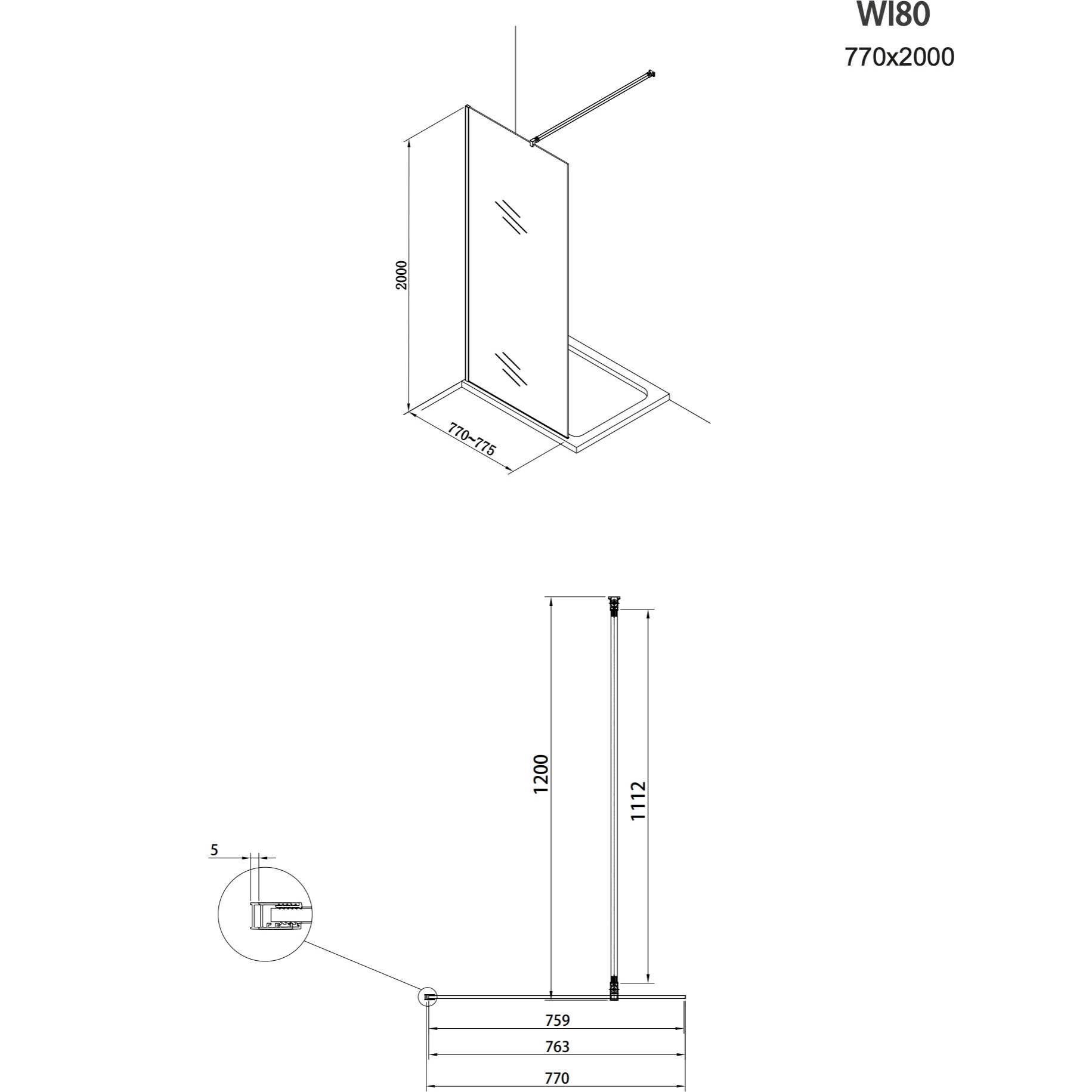 Walk-in Set Paroi de douche 77x200cm fixe en verre fumé + Bras de montage + Profilé, Noir (WI80KS-SET)