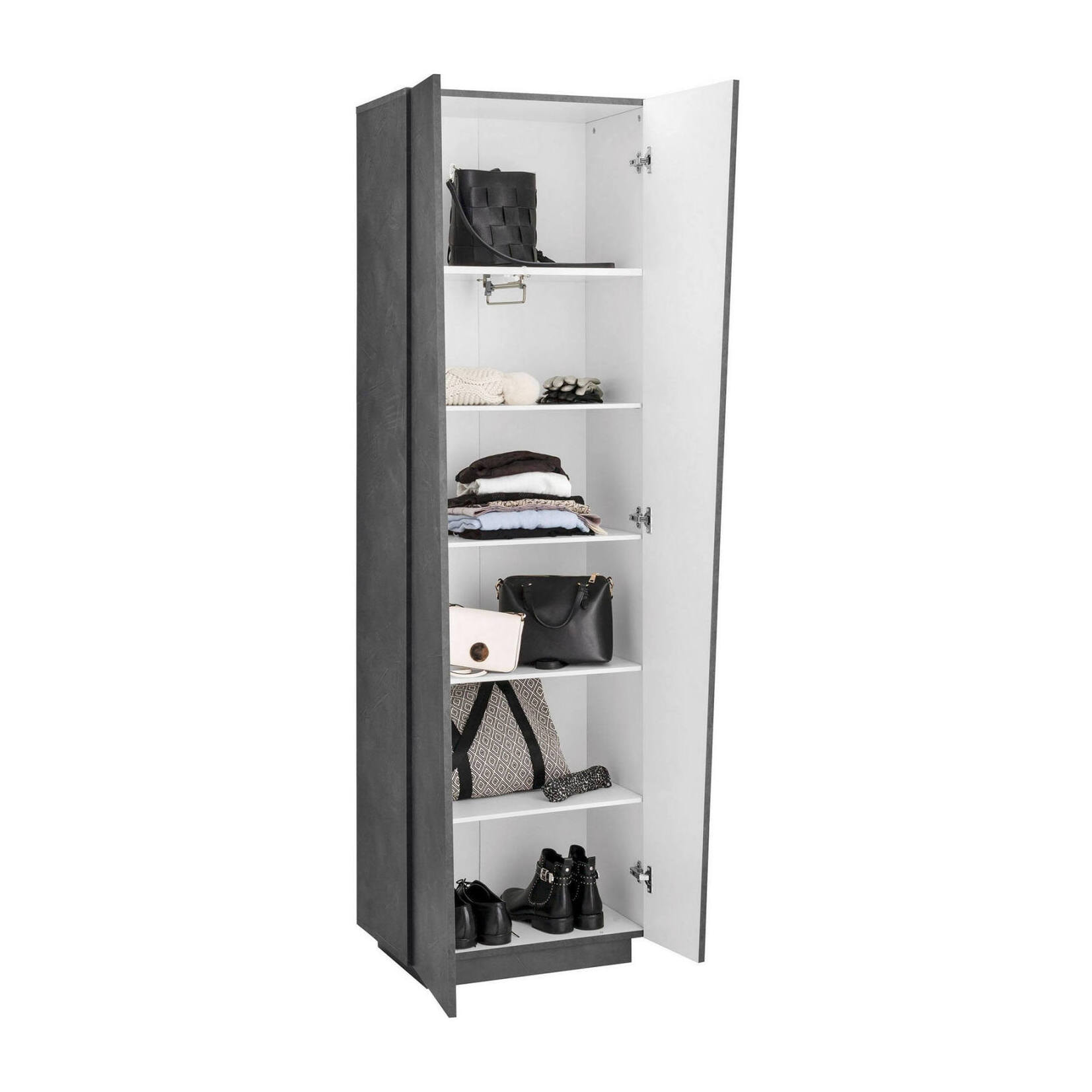 Armadio multiuso, Made in Italy, Mobile moderno, Portascarpe a 2 ante e 5 ripiani, cm 60x38h200, colore Grigio Ardesia