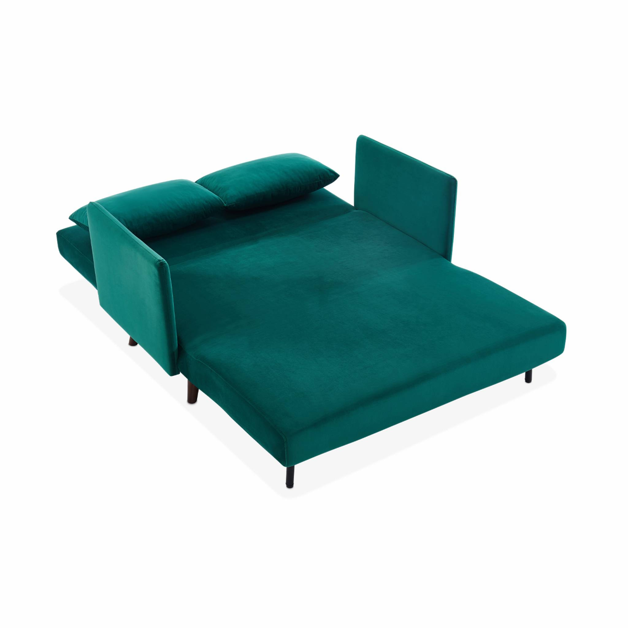 Canapé convertible en velours - Panam - 2 places scandinave. pieds bois foncé. vert. banquette. dossier inclinable