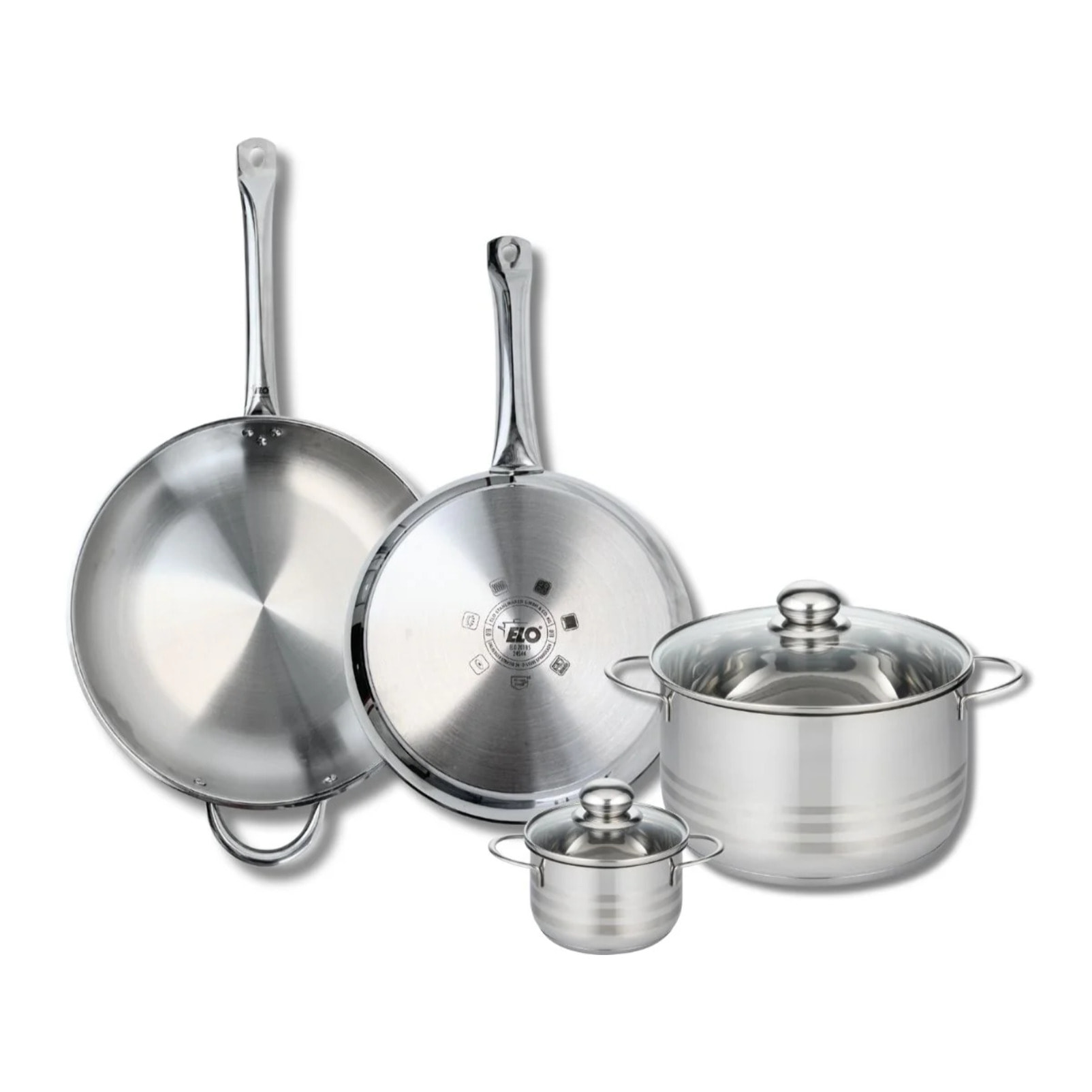 Ensemble de 2 Poêles de cuisson 28 et 32 cm et 2 faitouts 12 et 24 cm Elo Profi Brillant
