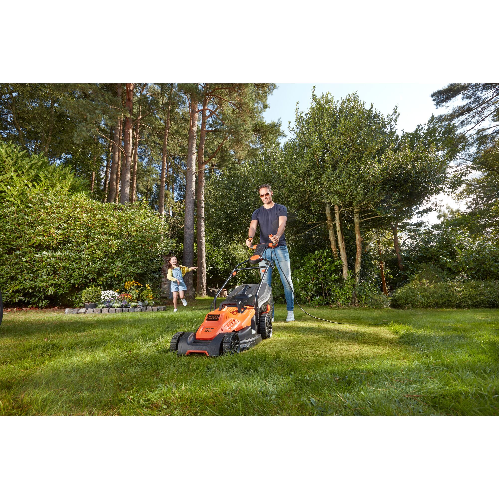 Tondeuse gazon électrique 42 cm, 6 hauteurs réglables 20, 30, 40, 50, 60 et 70 mm, poignée 3 positions