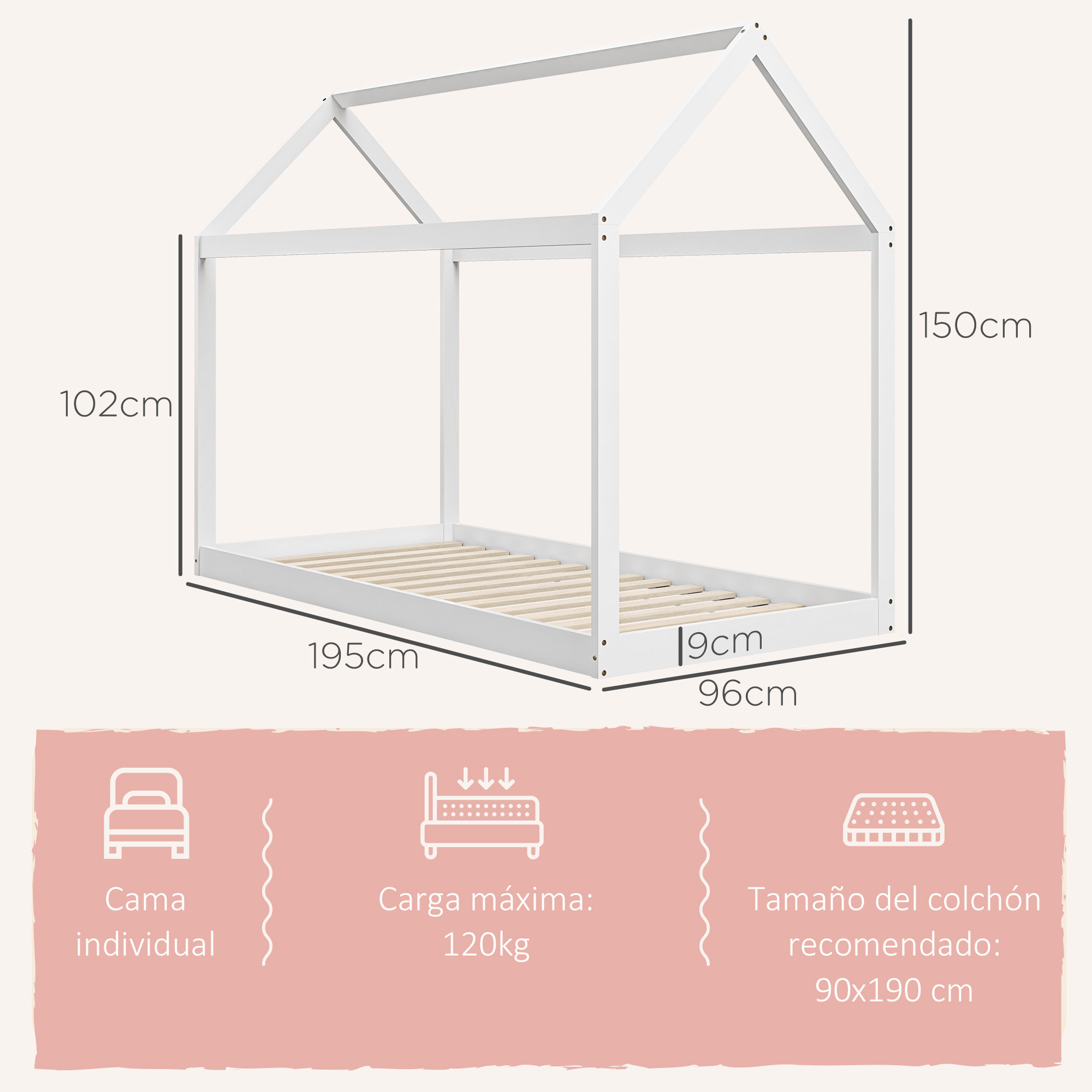 Cama Individual 90x190 cm Estructura de Cama Somier de Madera en Forma de Casa Carga 120 kg para Dormitorio Blanco