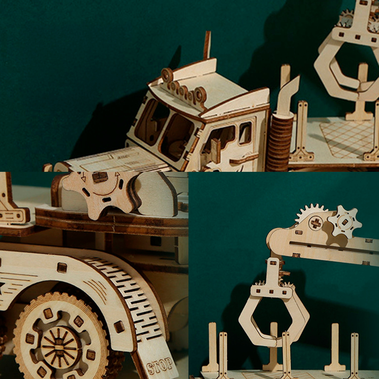 Maqueta de Madera 3D, diseño de Camión con Grua con movimiento mecánico. 428 piezas.