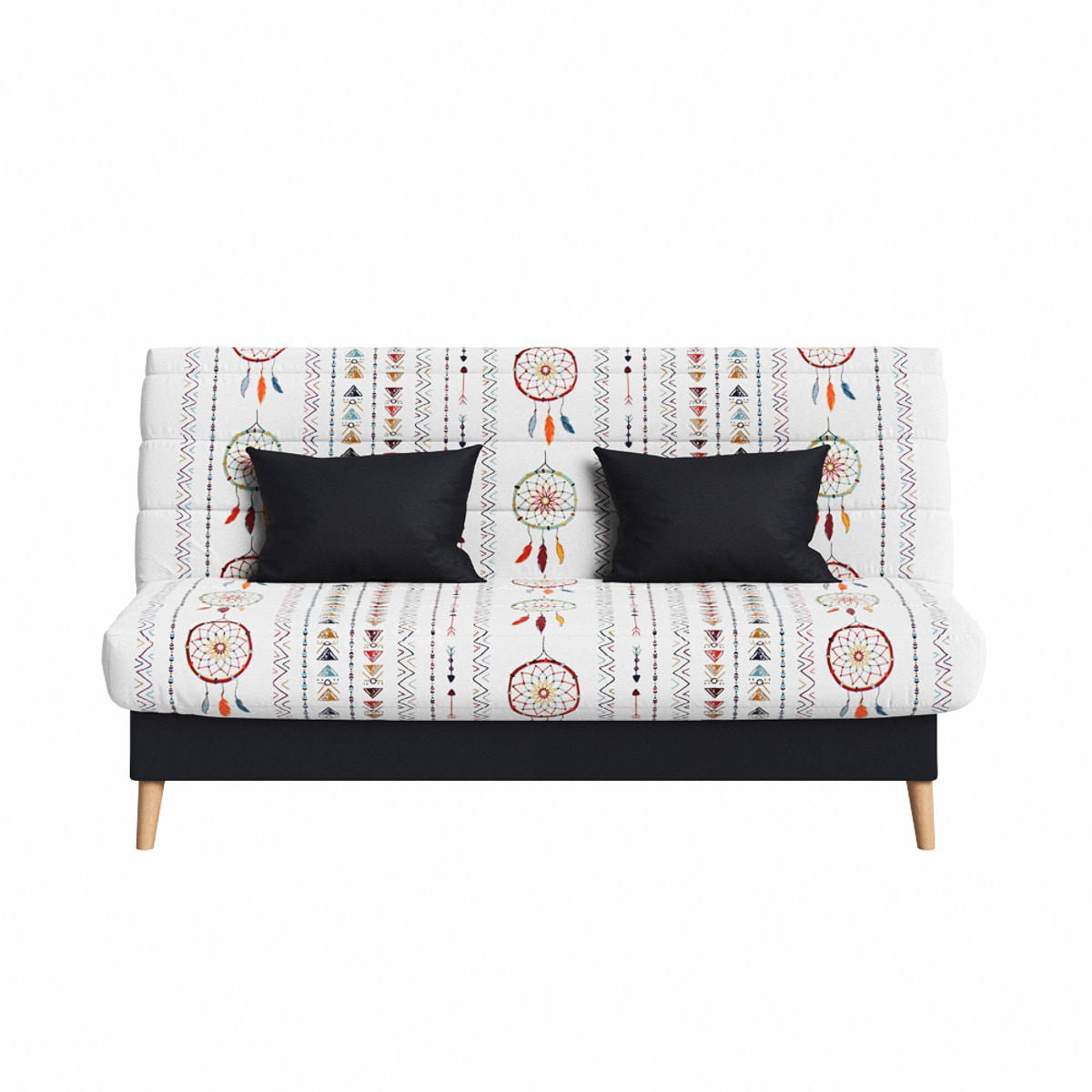 Canapé convertible Soho, matelas Simmons, 130 x 190 cm, 2 coussins offerts, Blanc à motifs