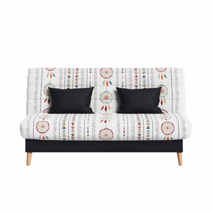 Canapé convertible Soho, matelas Simmons, 130 x 190 cm, 2 coussins offerts, Blanc à motifs