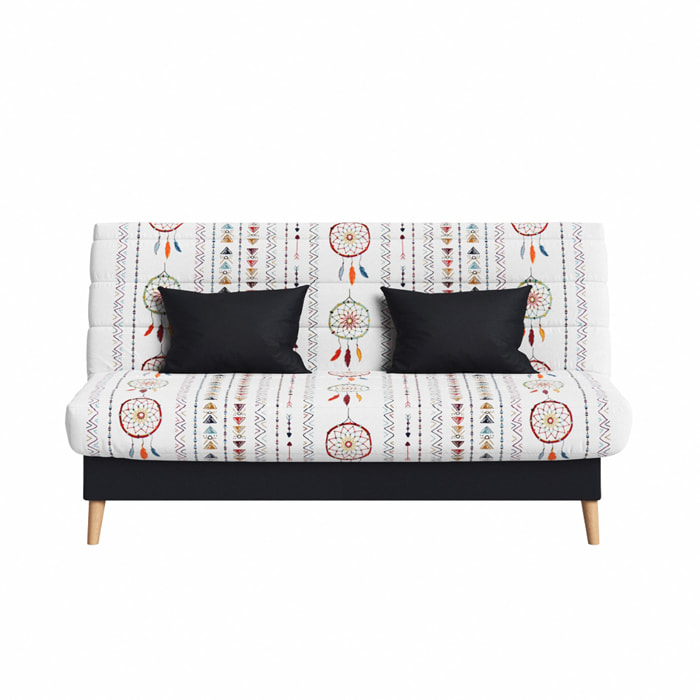 Canapé convertible Soho, matelas Simmons, 130 x 190 cm, 2 coussins offerts, Blanc à motifs