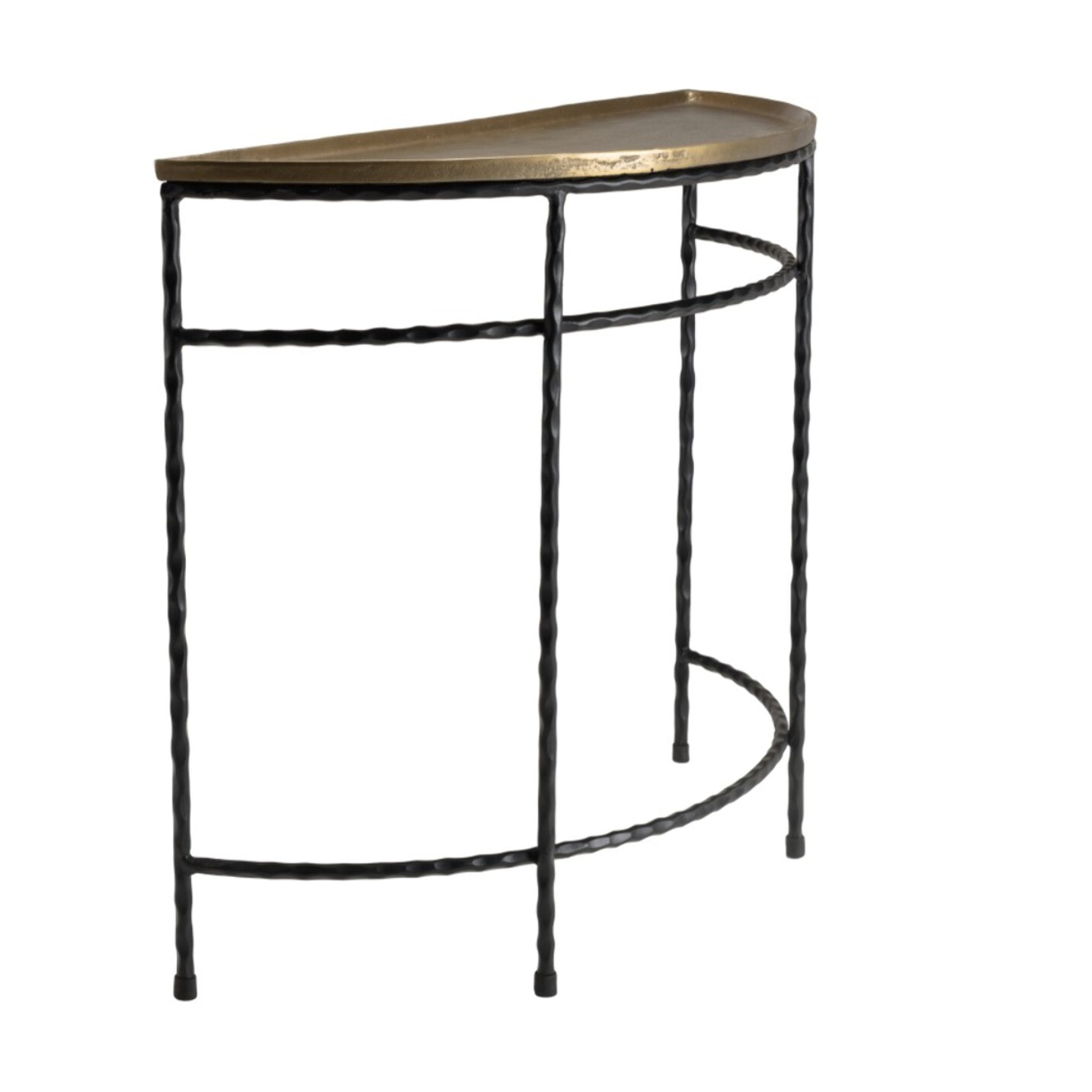 JOHAN - Console demi-lune 90x36cm alu doré pieds métal noirs torsadés