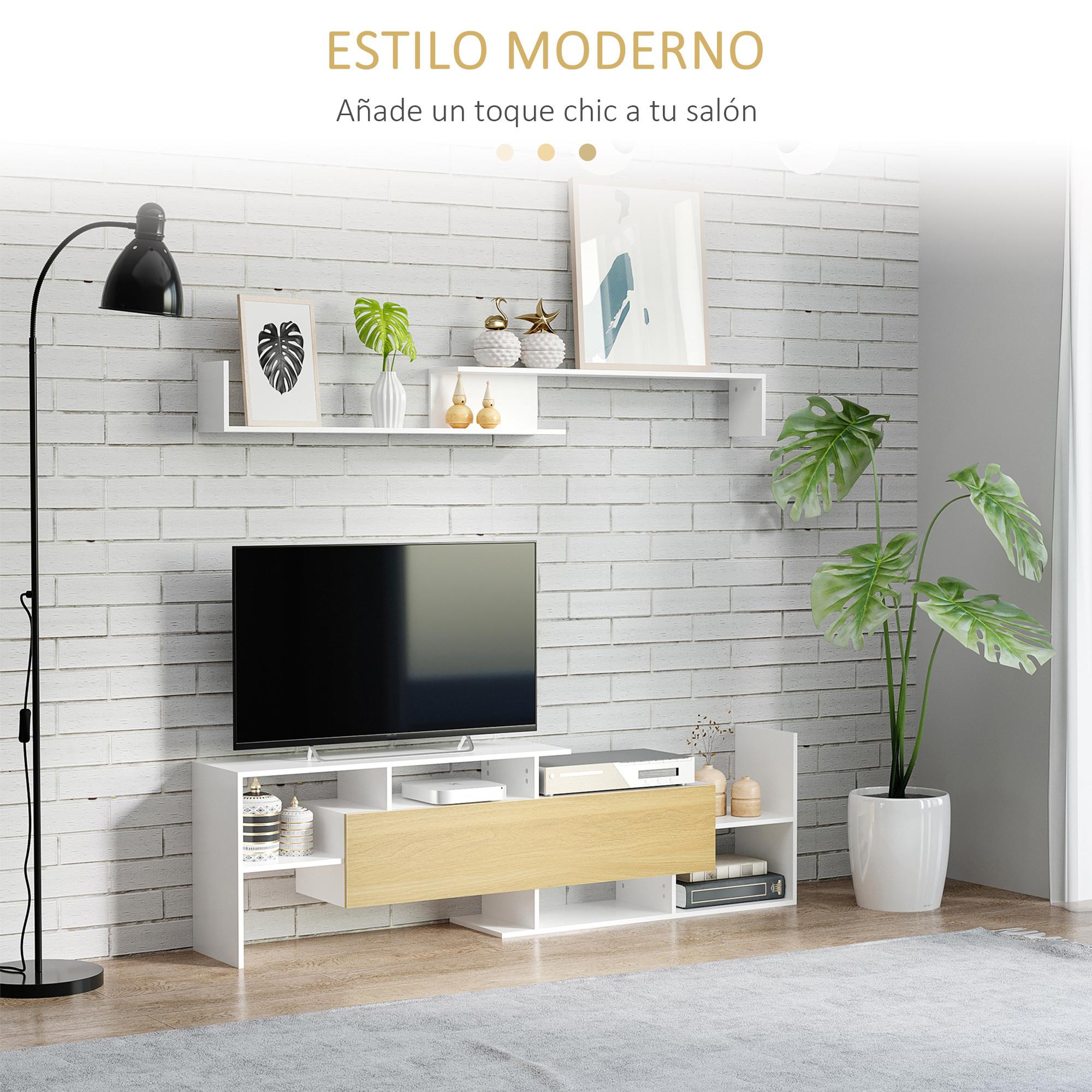 HOMCOM Mueble de Salón para TV Conjunto Muebles de TV con Mesa para Televisor 153,6x25x42 cm y Estante de Pared 150x14,5x16,3 cm Blanco y Natural