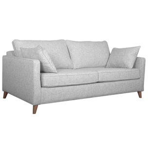 Canapé convertible scandinave 3 places en tissu gris clair et bois clair avec matelas 10 cm PAPEL