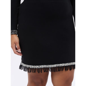Fiorella Rubino - Falda tubo corta de punto con flecos - Negro