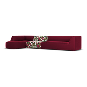 Canapé d'angle gauche "Charles" 5 places en velours motif de rose de jardin,rouge