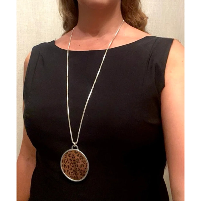 Collar largo Disco Print Animal en piel y plata 10µ