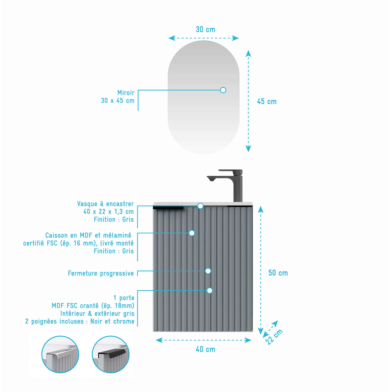 Ensemble meuble lave mains MDF ondulé gris 40x50x22cm et miroir ovale - MILO