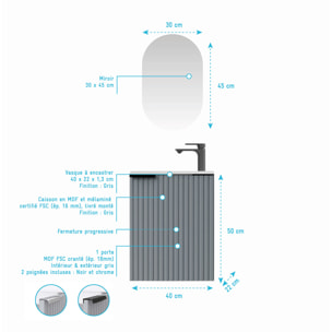 Ensemble meuble lave mains MDF ondulé gris 40x50x22cm et miroir ovale - MILO