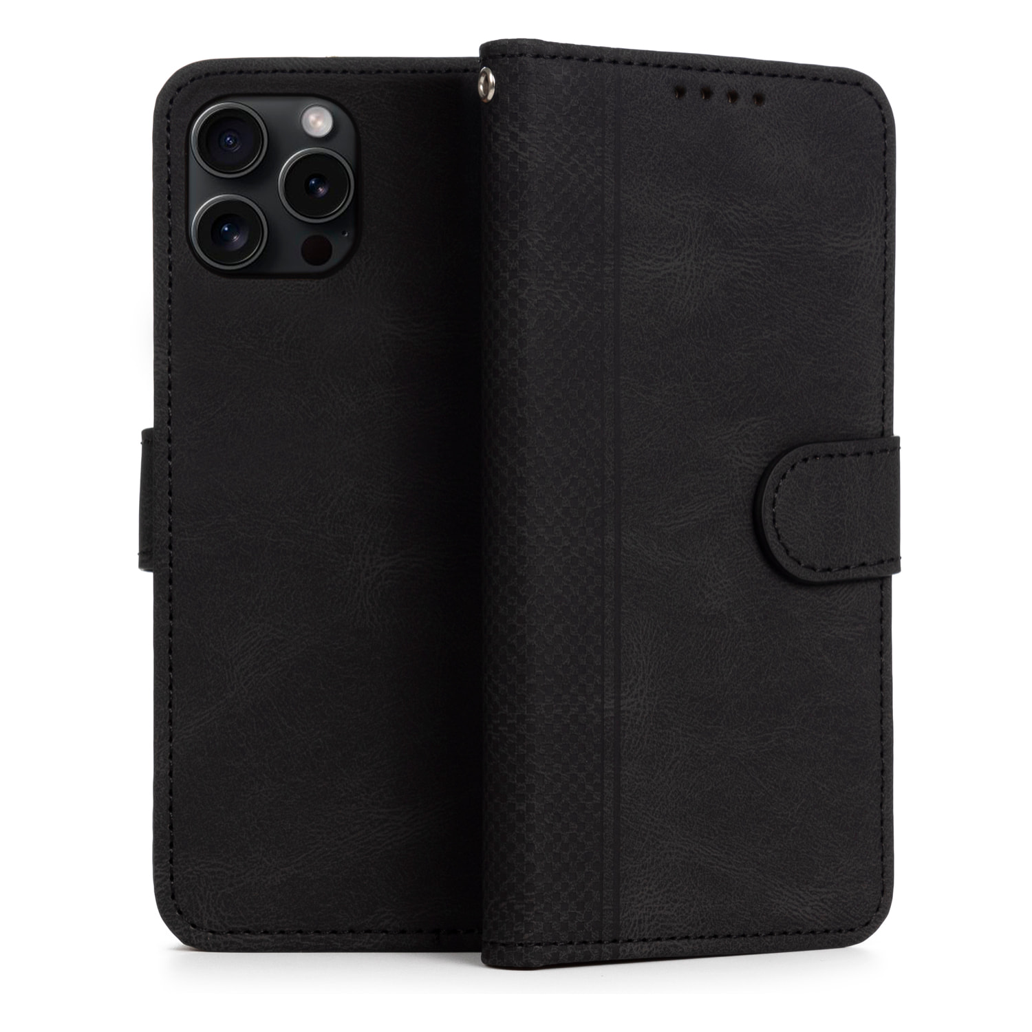 Custodia in similpelle antiurto stile libro per iPhone 12 Pro Max. Portacarte interno, cinturino da polso removibile.