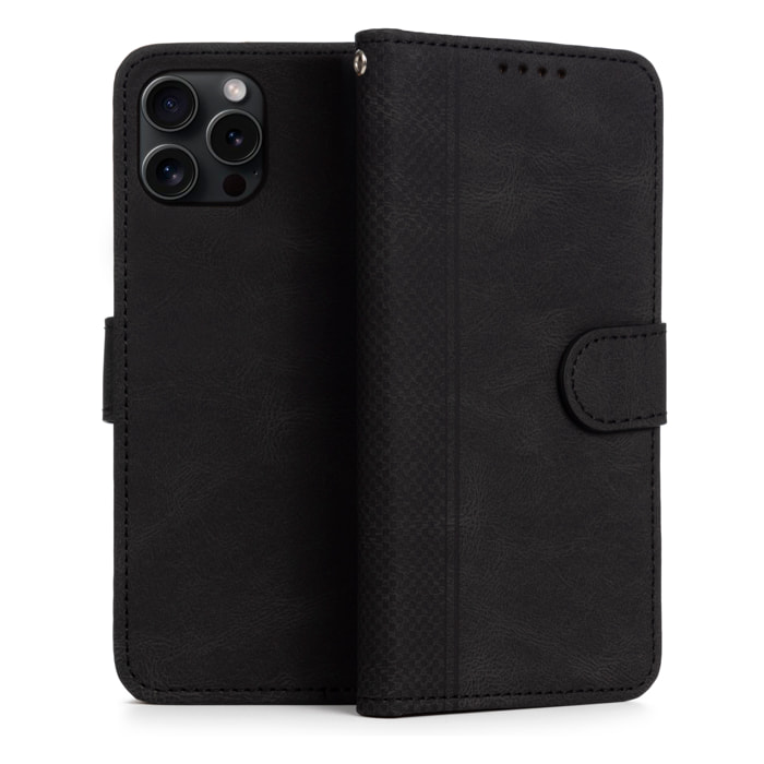 Custodia in similpelle antiurto stile libro per iPhone 12 Pro Max. Portacarte interno, cinturino da polso removibile.