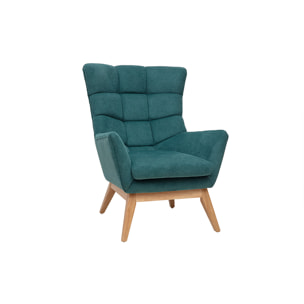 Fauteuil scandinave en tissu chenille bleu canard et bois clair BRODY