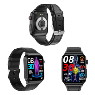 Smartwatch E500 con rilevamento della glicemia, pressione sanguigna e monitor O2. ECG con misurazione del torace. schermo 1,8. Cinturino in pelle.