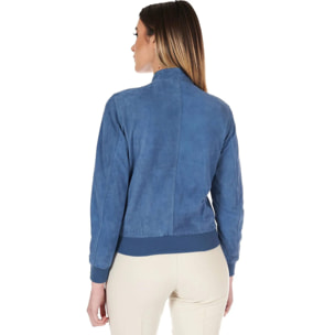 Bomber in pelle camoscio blu denim colletto coreana