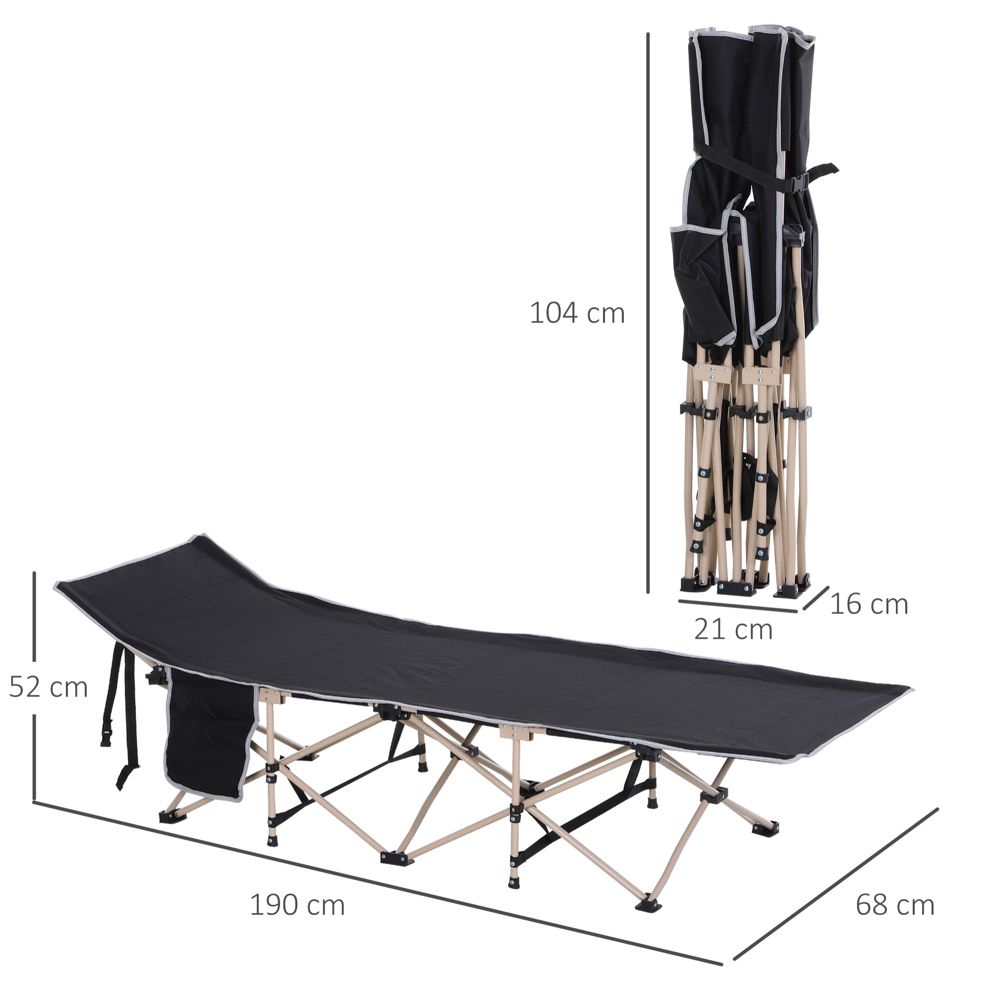 Cama de Camping Plegable Cama de Acampada con 1 Bolsillo Lateral Bolsa de Transporte y Marco de Acero Carga 150 kg para Playa Senderismo 190x68x52 cm Negro